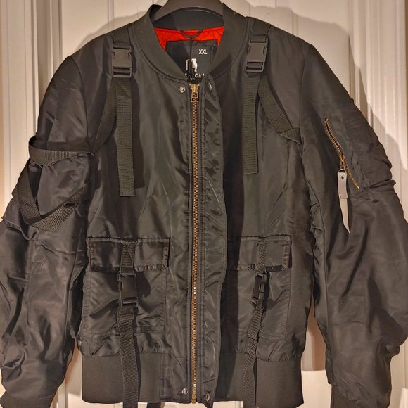 American Stitch- Black Bomber Flight Jacket with straps